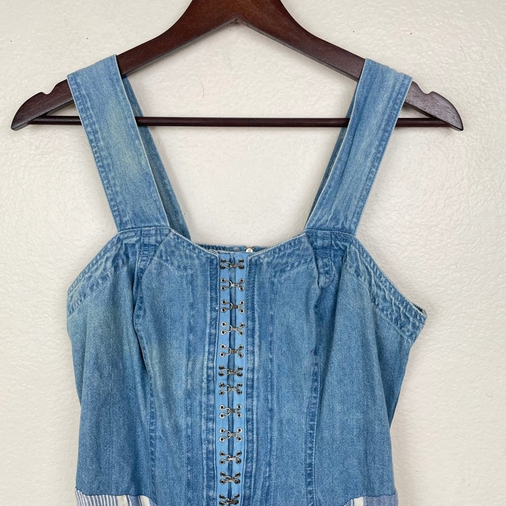 90s Vtg Womens Dress Sz S/M Linen Denim Corset Cottage Sleeveless Midi Boho Twee - Picture 3 of 11